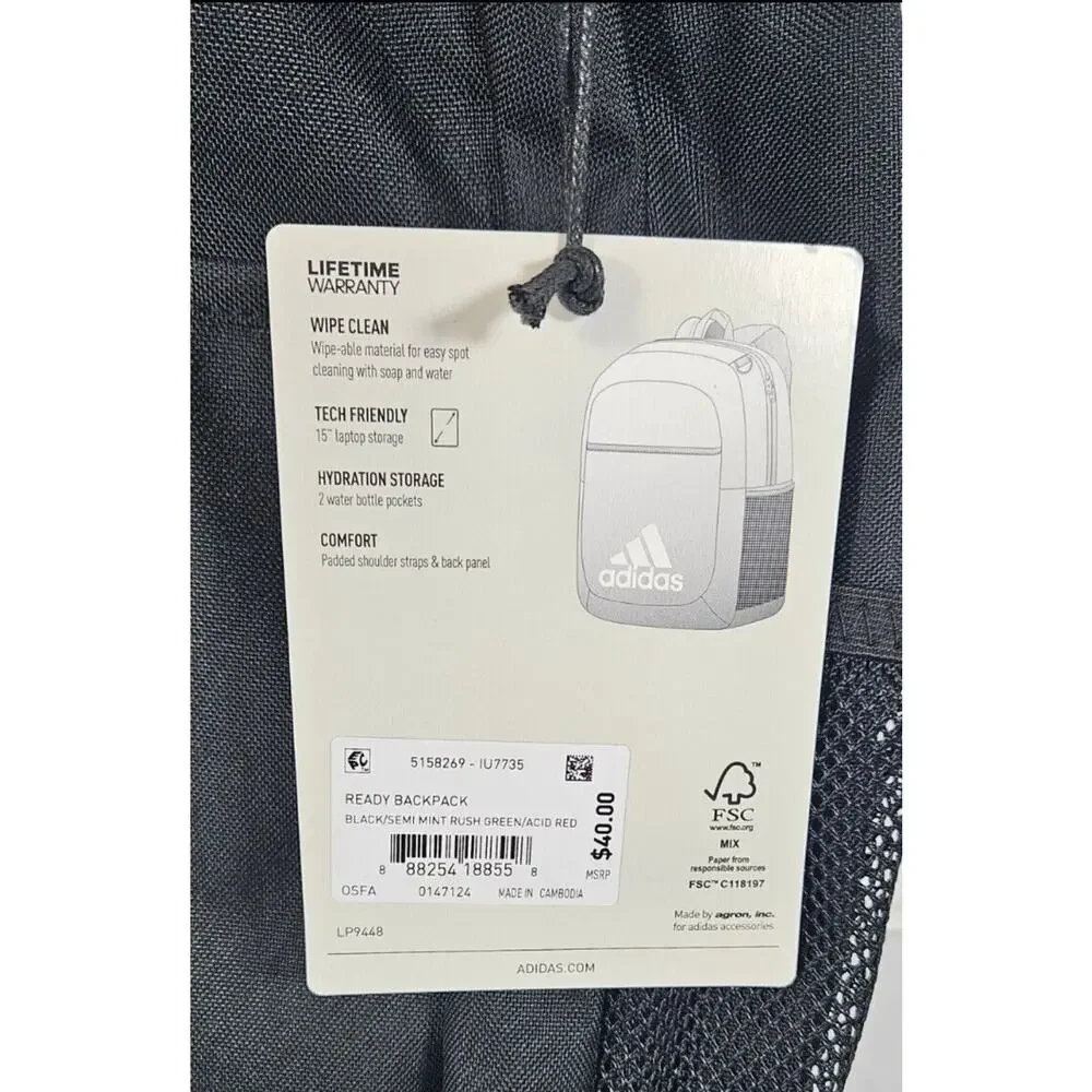adidas Girl's Black Semi Mint Rush Green Ready Laptop Backpack 5158269 NWT